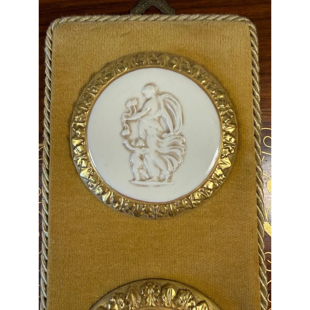 Vintage Italian Porcelain Cameo Wall Plaque • Brass Relief Velvet Wall Hanging